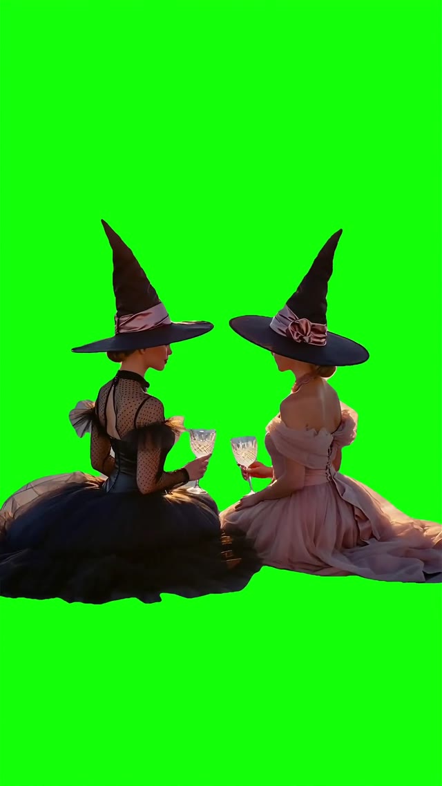 2 witches cheering green screen