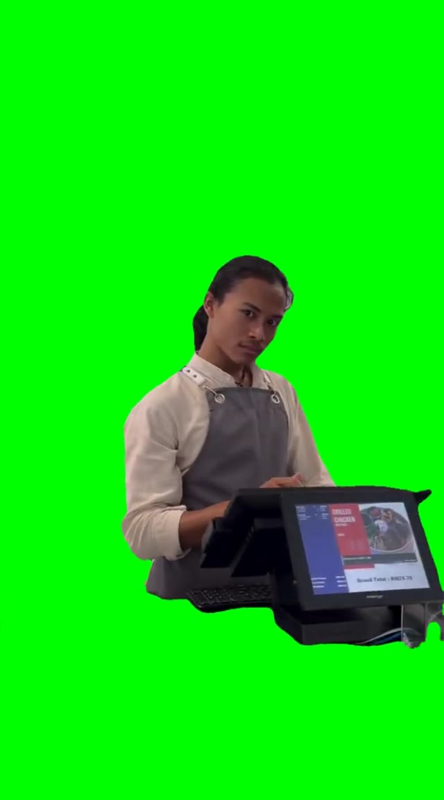 Cashier giving the WTF Look  green screen