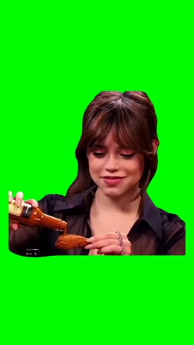 Jenna Ortega eating wings green screen