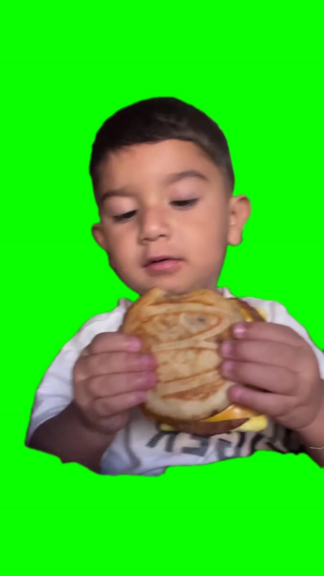 Kid eating McDonald sandwich green screen