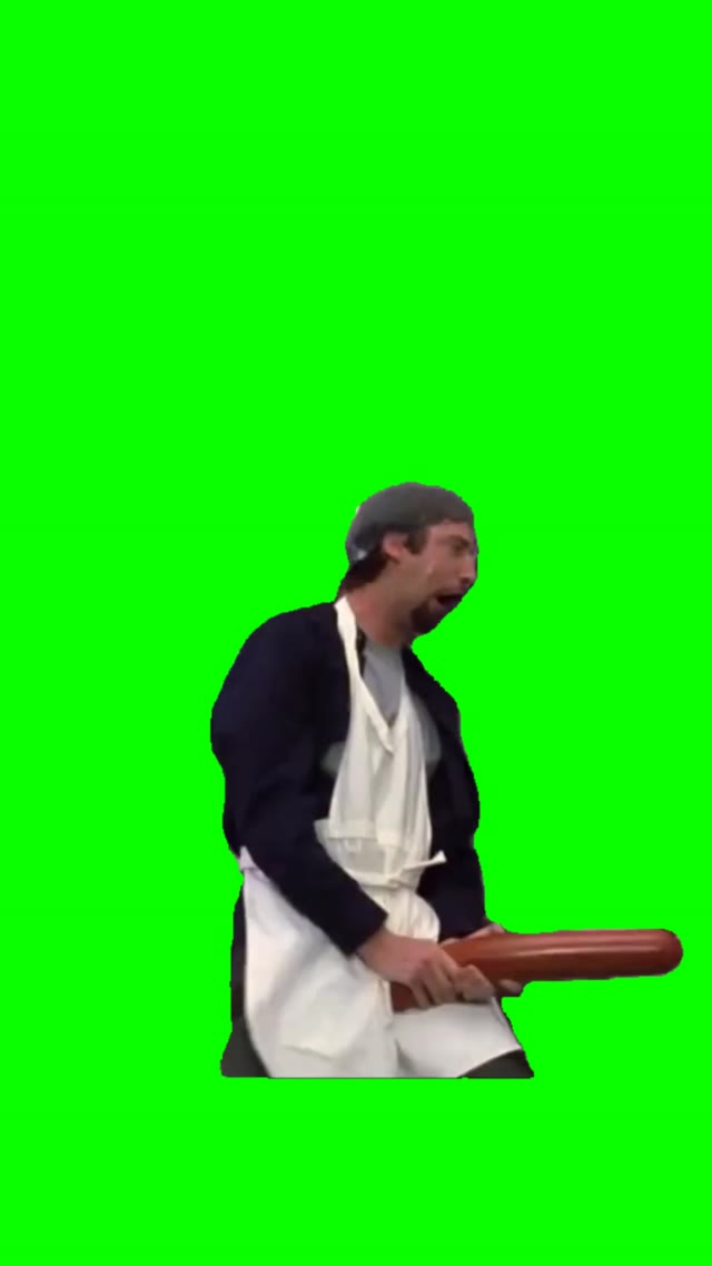Man and big sausage green screen