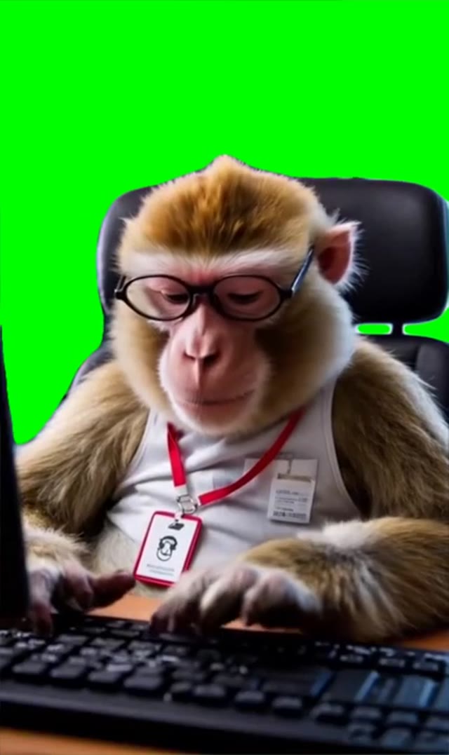 Monkey working on keyboard at office green screen