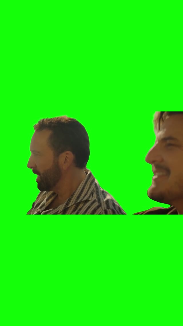 Pedro Pascal Smiling at Nicolas Cage green screen
