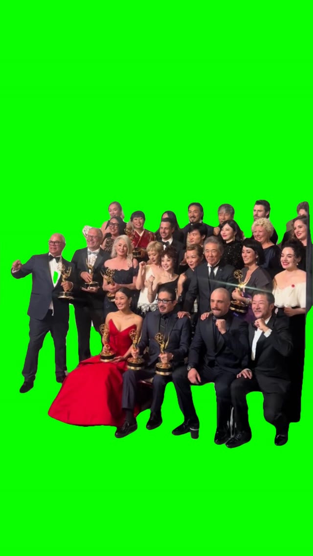 Shogun cast cheer green screen