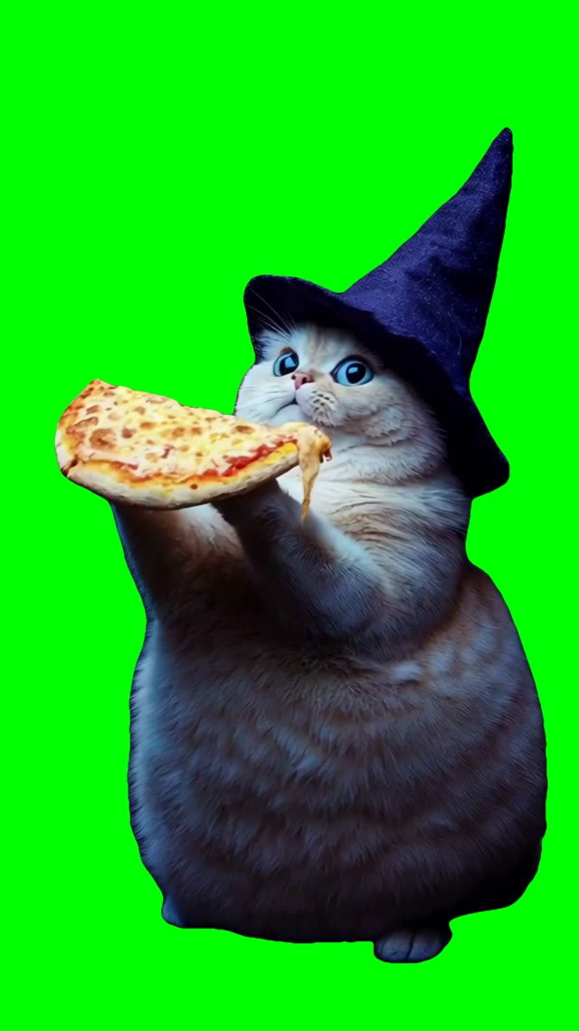 Wizard cat eating pizza green screen